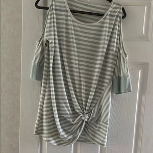 Striped Cold Shoulder Top - Gray and White